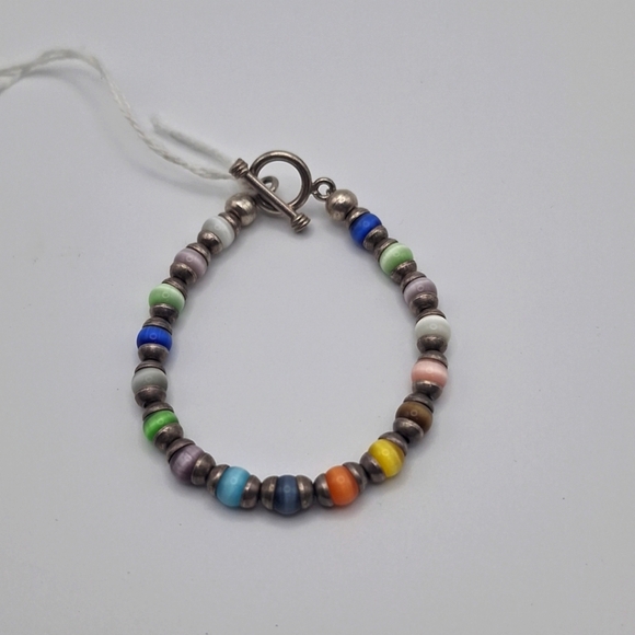 unbranded Jewelry - Vtg Sterling Silver Multicolor Glass Cat Eye Bracelet 7" Toggle Clasp 14.41g